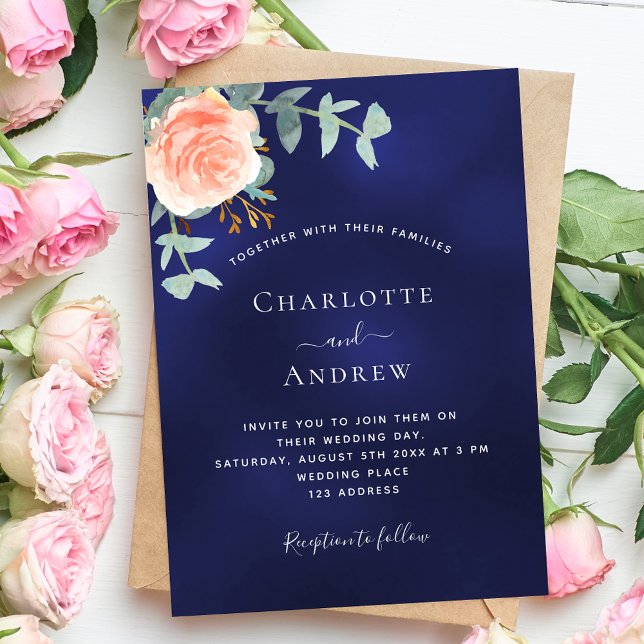 Navy blue rose gold blush greenery wedding invitation (Creator Uploaded)
