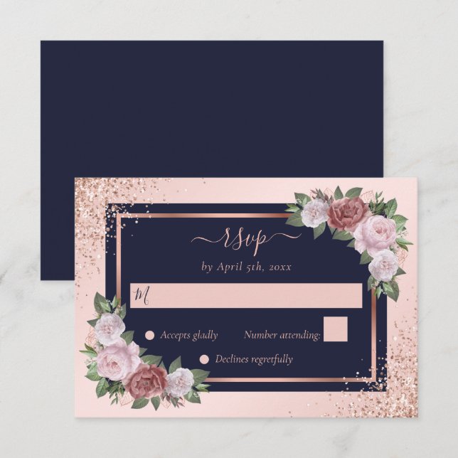 Navy Blue Rose Gold Blush Pink Floral Wedding RSVP Card (Front/Back)