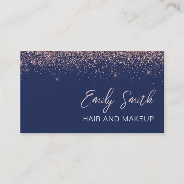 Navy Blue Rose Gold Blush Pink Glitter Business Card (Front)