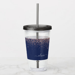 Navy Blue Rose Gold Blush Pink Glitter Monogram Acrylic Tumbler