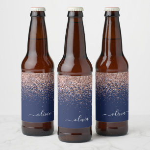 Navy Blue Rose Gold Blush Pink Glitter Monogram Beer Bottle Label