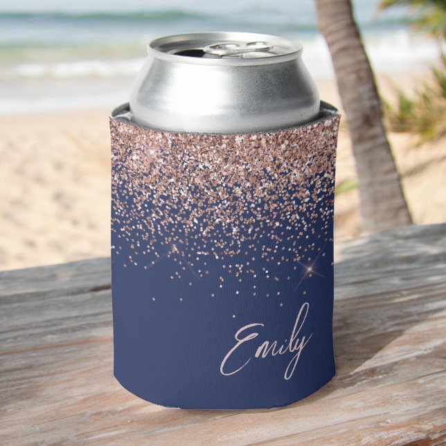 Navy Blue Rose Gold Blush Pink Glitter Monogram Can Cooler (Creator Uploaded)