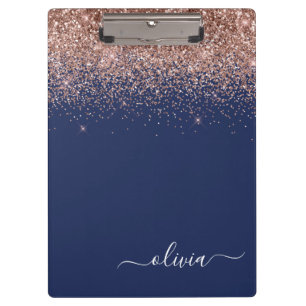 Navy Blue Rose Gold Blush Pink Glitter Monogram Clipboard