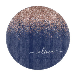Navy Blue Rose Gold Blush Pink Glitter Monogram Cutting Board