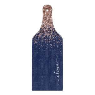 Navy Blue Rose Gold Blush Pink Glitter Monogram Cutting Board