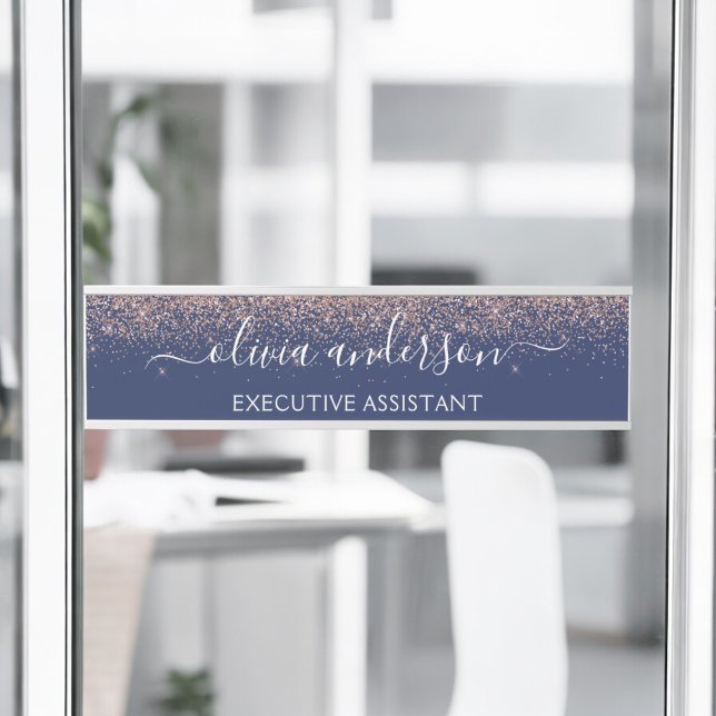 Navy Blue Rose Gold Blush Pink Glitter Monogram Door Sign (Creator Uploaded)