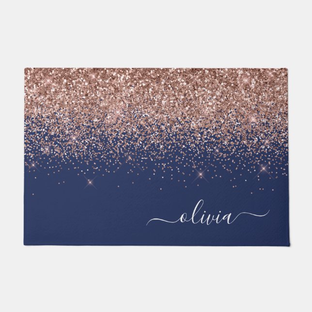 Navy Blue Rose Gold Blush Pink Glitter Monogram Doormat (Front)