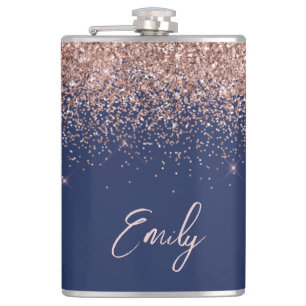 Navy Blue Rose Gold Blush Pink Glitter Monogram Hip Flask