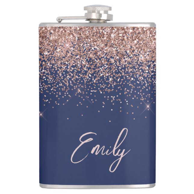 Navy Blue Rose Gold Blush Pink Glitter Monogram Hip Flask (Front)