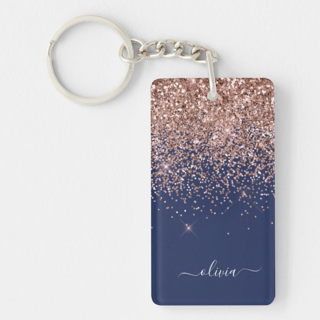 Navy Blue Rose Gold Blush Pink Glitter Monogram Key Ring (Front)