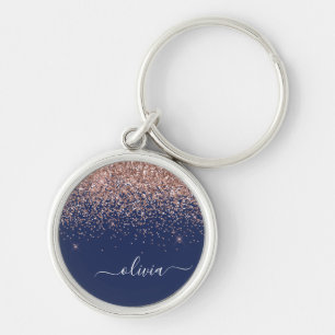 Navy Blue Rose Gold Blush Pink Glitter Monogram Key Ring