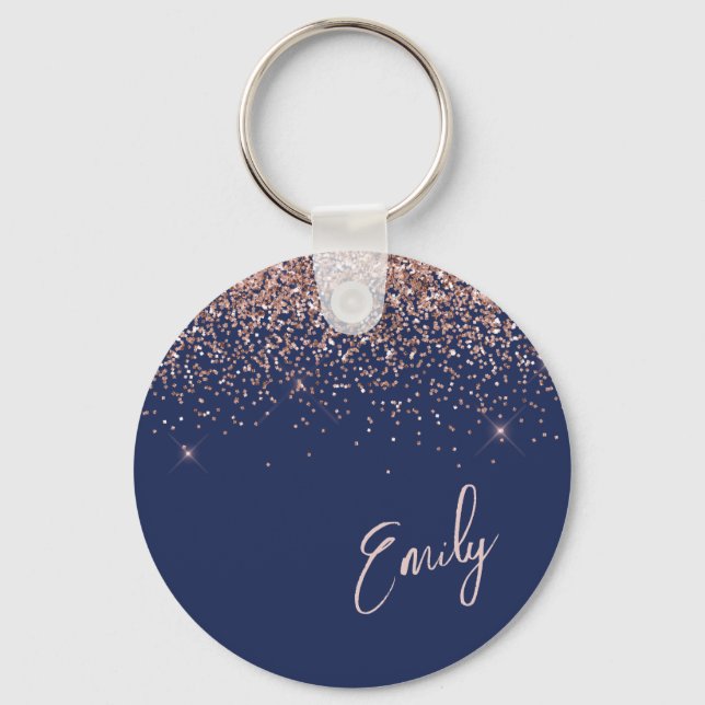 Navy Blue Rose Gold Blush Pink Glitter Monogram Key Ring (Front)