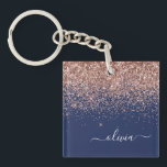 Navy Blue Rose Gold Blush Pink Glitter Monogram Key Ring<br><div class="desc">Navy Blue and Rose Gold Blush Pink Faux Foil Sparkle Glitter Script Monogram Name Keychain. This makes the perfect sweet 16 birthday,  wedding,  bridal shower,  anniversary,  baby shower or bachelorette party gift for someone that loves glam luxury and chic styles.</div>