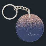 Navy Blue Rose Gold Blush Pink Glitter Monogram Key Ring<br><div class="desc">Rose Gold - Blush Pink and Navy Blue Sparkle Glitter Script Monogram Name Keychain. This makes the perfect sweet 16 birthday,  wedding,  bridal shower,  anniversary,  baby shower or bachelorette party gift for someone that loves glam luxury and chic styles.</div>