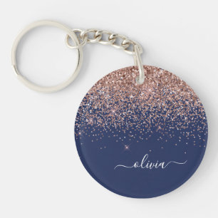 Navy Blue Rose Gold Blush Pink Glitter Monogram Key Ring