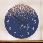 Navy Blue Rose Gold Blush Pink Glitter Monogram Large Clock<br><div class="desc">Navy Blue and Rose Gold Blush Pink Sparkle Glitter Brushed Script Monogram Name Clock. This makes the perfect sweet 16 birthday,  wedding,  bridal shower,  anniversary,  baby shower or bachelorette party gift for someone that loves glam luxury and chic styles.</div>