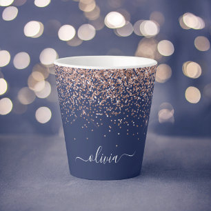 Navy Blue Rose Gold Blush Pink Glitter Monogram Latte Mug