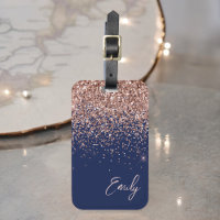 Navy Blue Rose Gold Blush Pink Glitter Monogram