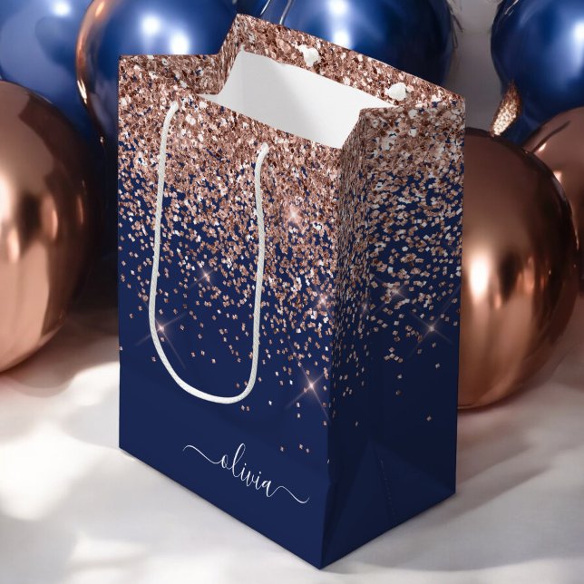 Navy Blue Rose Gold Blush Pink Glitter Monogram Medium Gift Bag (Creator Uploaded)