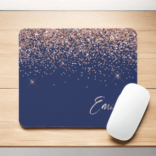 Navy Blue Rose Gold - Blush Pink Glitter Monogram Mouse Mat