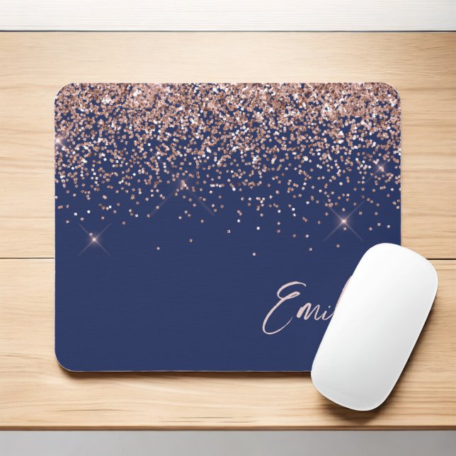Navy Blue Rose Gold - Blush Pink Glitter Monogram Mouse Mat (Creator Uploaded)