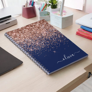 Navy Blue Rose Gold Blush Pink Glitter Monogram Notebook