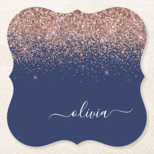 Navy Blue Rose Gold Blush Pink Glitter Monogram Paper Coaster