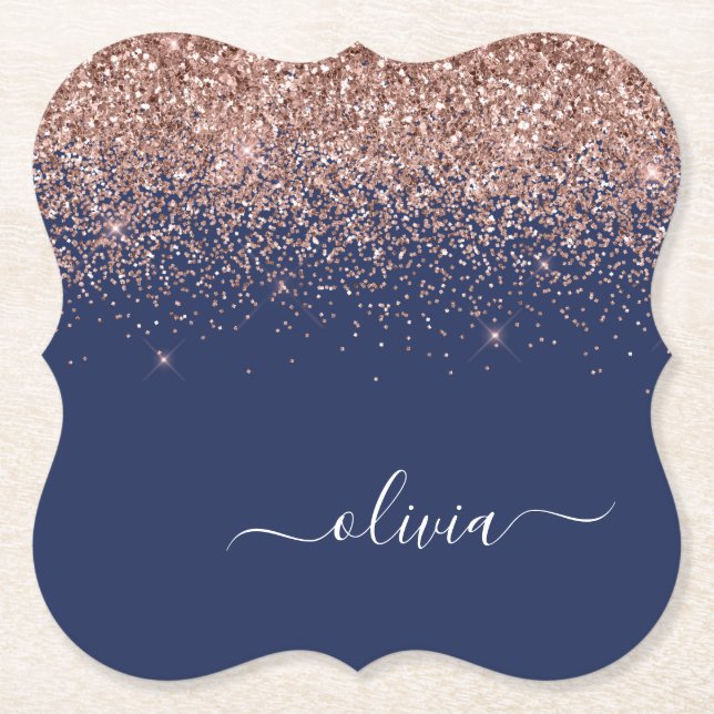 Navy Blue Rose Gold Blush Pink Glitter Monogram Paper Coaster (Front)