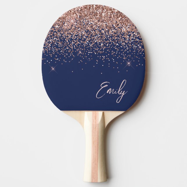 Navy Blue Rose Gold Blush Pink Glitter Monogram Ping Pong Paddle (Front)