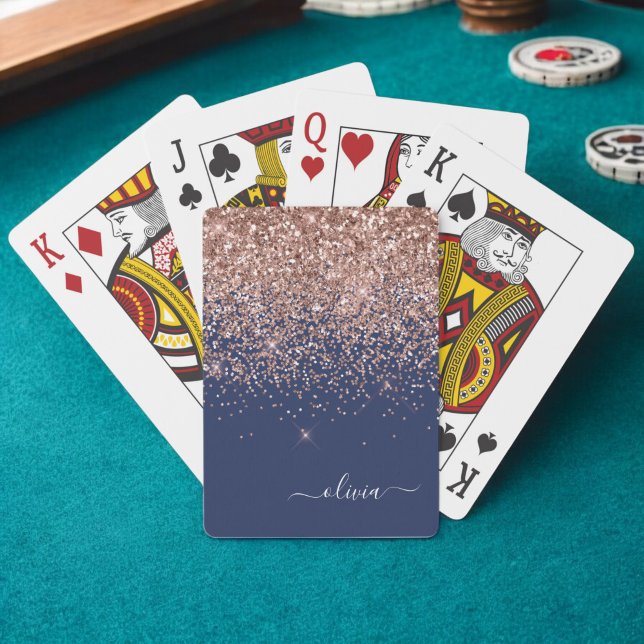 Navy Blue Rose Gold Blush Pink Glitter Monogram Playing Cards (Creator Uploaded)