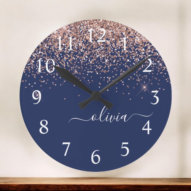 Navy Blue Rose Gold Blush Pink Glitter Monogram Round Clock (Creator Uploaded)