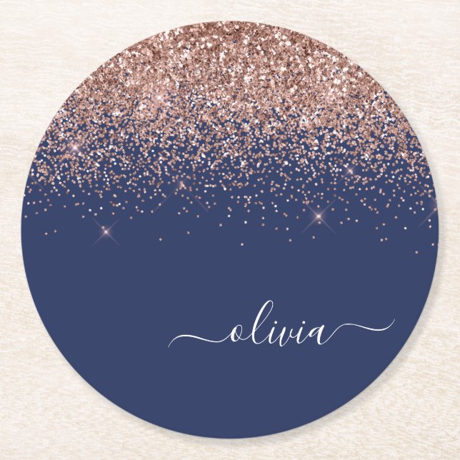 Navy Blue Rose Gold Blush Pink Glitter Monogram Round Paper Coaster (Front)
