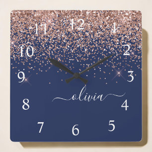 Navy Blue Rose Gold Blush Pink Glitter Monogram Square Wall Clock