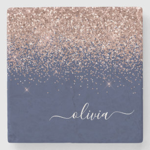 Navy Blue Rose Gold Blush Pink Glitter Monogram Stone Coaster