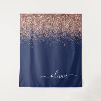 Navy Blue Rose Gold Blush Pink Glitter Monogram