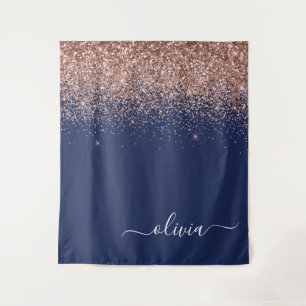 Navy Blue Rose Gold Blush Pink Glitter Monogram Tapestry