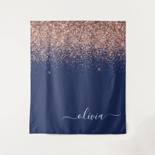Navy Blue Rose Gold Blush Pink Glitter Monogram Tapestry (Front)