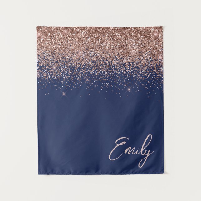 Navy Blue Rose Gold Blush Pink Glitter Monogram Tapestry (Front)