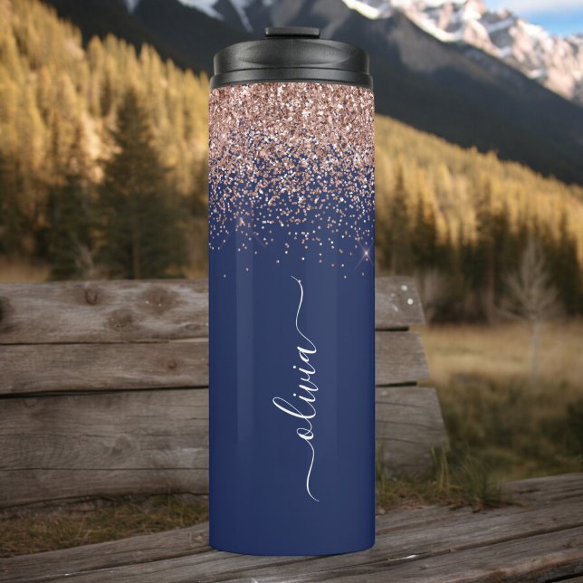 Navy Blue Rose Gold Blush Pink Glitter Monogram Thermal Tumbler (Creator Uploaded)
