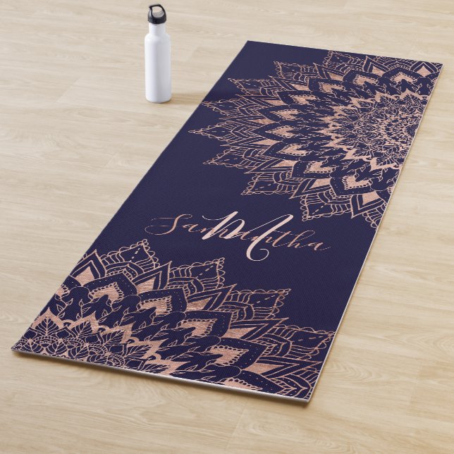Navy blue rose gold boho mandala monogram yoga mat (In Situ)