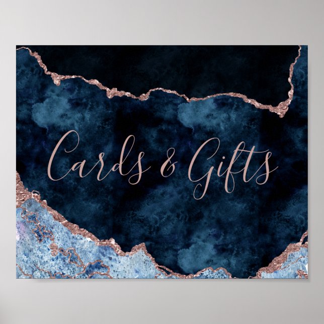 Navy Blue Rose Gold Cards and Gifts Table Sign (Front)