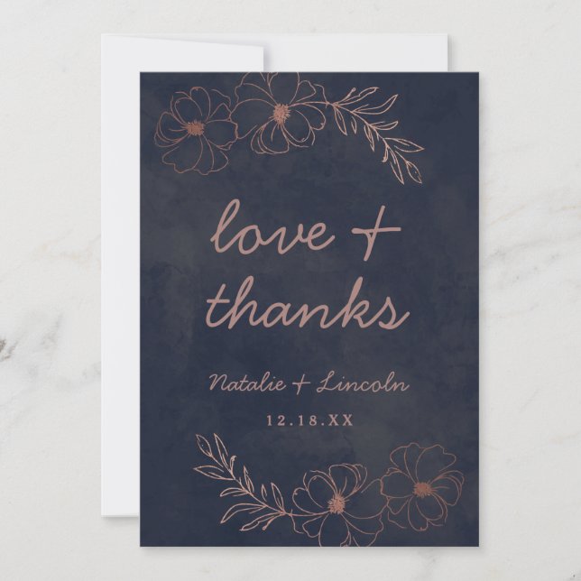 Navy Blue & Rose Gold Chic Wedding Love and Thanks Thank You Card (Front)