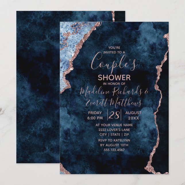 Navy Blue Rose Gold Chic Wedding Shower Invitation (Front/Back)