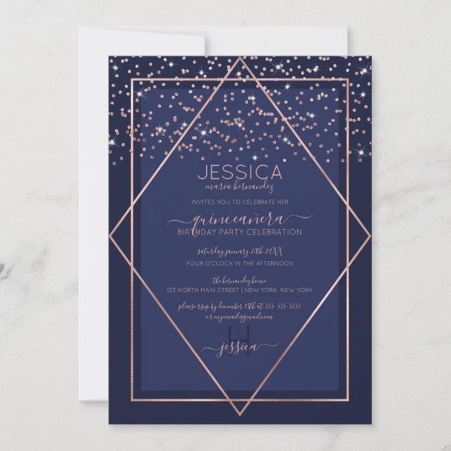 Navy Blue Rose Gold Confetti Border Quinceañera Invitation (Front)