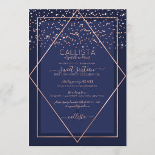 Navy Blue Rose Gold Confetti Border Sweet 16 Invitation