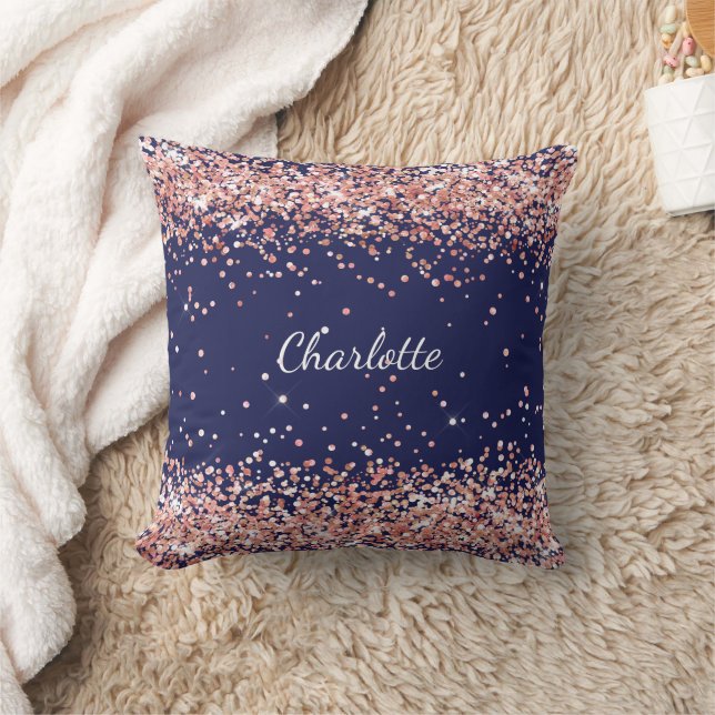 Navy blue rose gold confetti name cushion (Blanket)