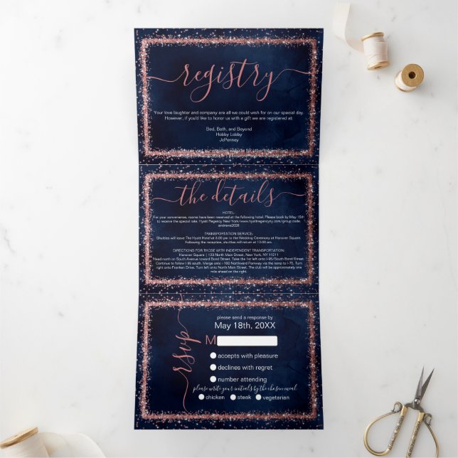 Navy Blue Rose Gold Confetti Registry Detail RSVP Tri-Fold Invitation (Inside)