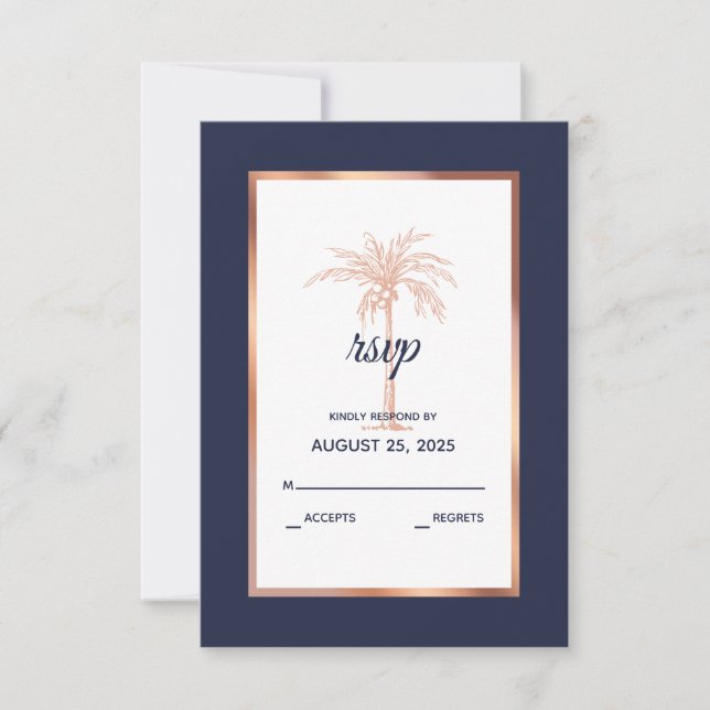 Navy Blue Rose Gold Copper Palm Tree Beach Wedding RSVP Card (Front)