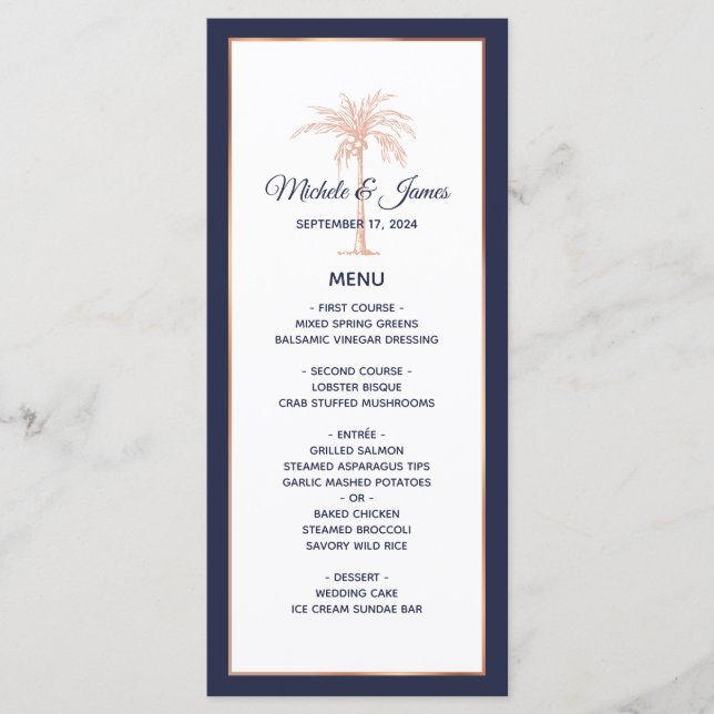 Navy Blue Rose Gold Copper Palm Tree Wedding Menu (Front)