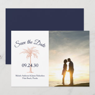 Navy Blue Rose Gold Copper Palm Tree Wedding Photo Save The Date